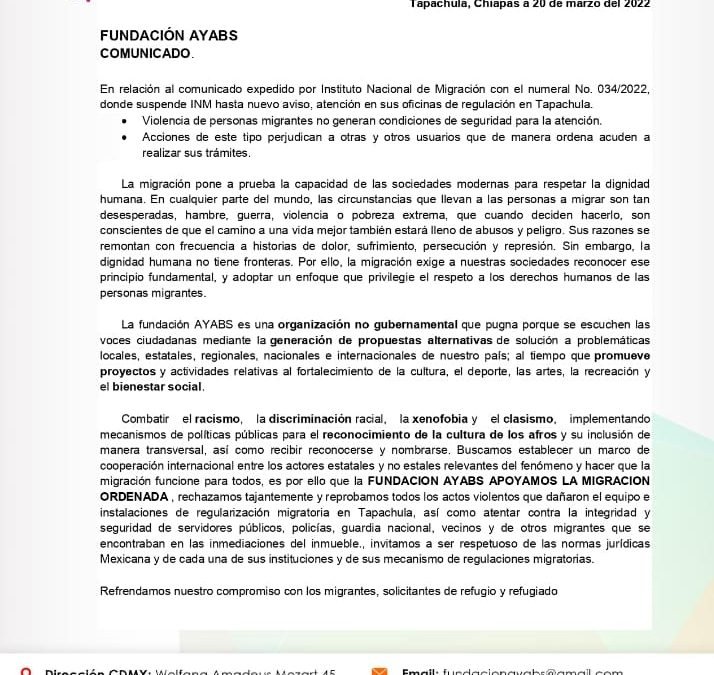 Fundación AYABS Reprueba tajantemente actos de violencia en Tapachula, Chiapas